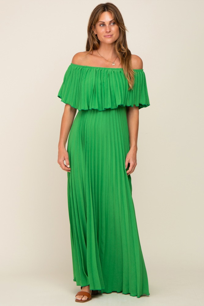 Green Pleated Off Shoulder Maxi Dress | PinkBlush Maternity
