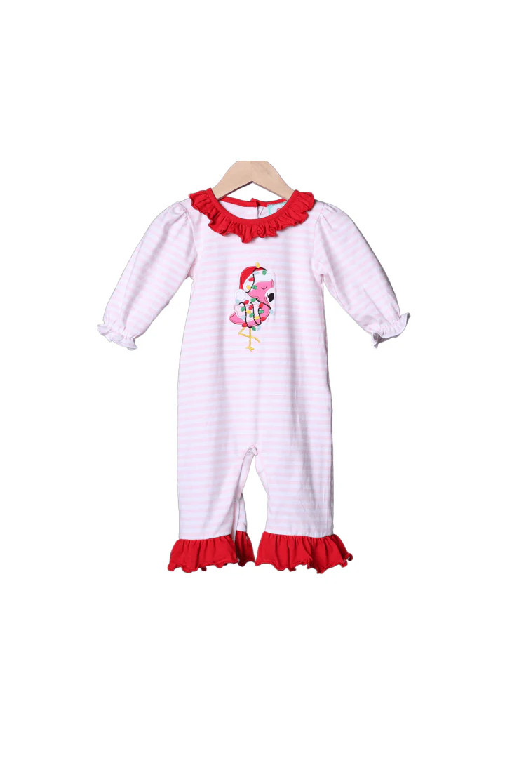 Applique Festive Flamingo Pink Stripe Knit Romper | The Smocked Flamingo