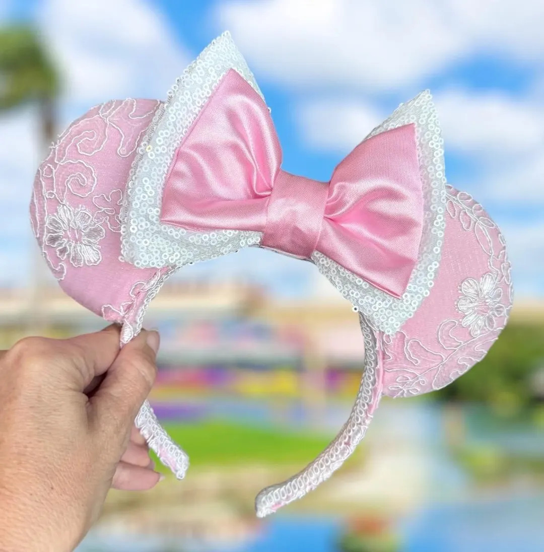 Pink and White Princess Floral Lace Mickey Ears, Sequin Minnie Ears - Etsy | Etsy (US)