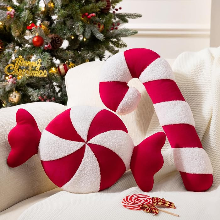 Ashler Merry Christmas Candy Shaped Pillows, Set of 2 Candy Cane Teddy Sherpa Soft Velvet Patchwo... | Amazon (US)