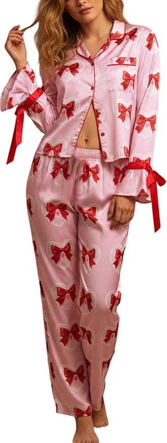 LILTWIST Cute Bow Tie Pajamas for Women Silk Satin Colorful Heart Pjs Valentines Long Sleeve Shir... | Amazon (US)