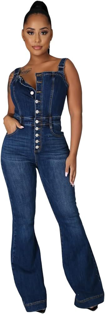 Amazon.com: Women's Sexy One-Piece Jeans Suspenders Jumpsuits Stretch Jean Trousers Slim Loose Bu... | Amazon (US)