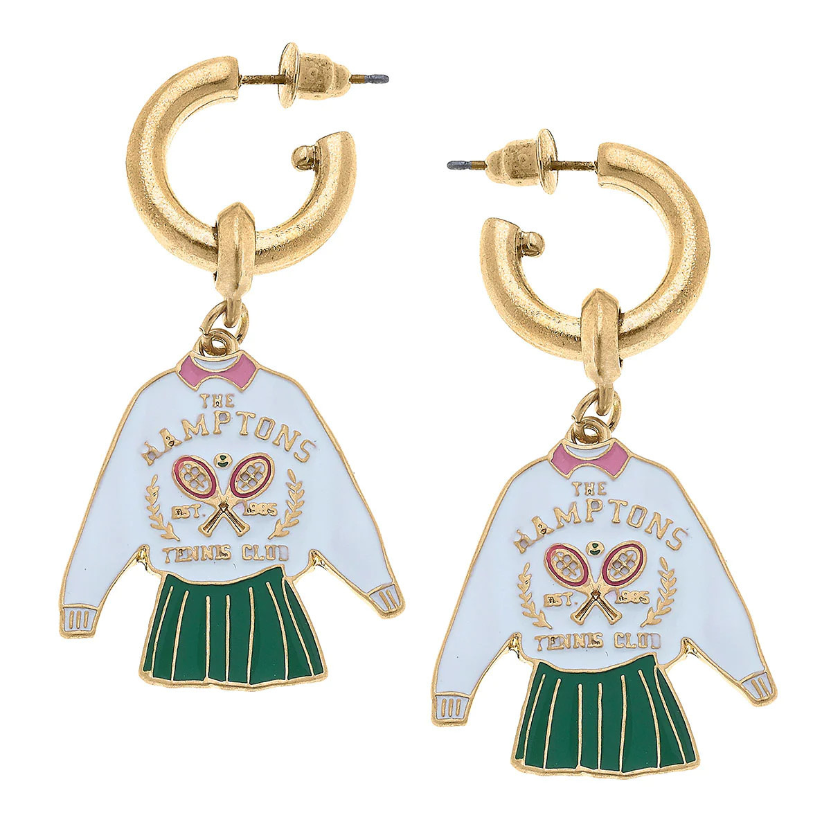 The Hamptons Tennis Club Enamel Drop Hoop Earrings in Green, White & Pink | CANVAS