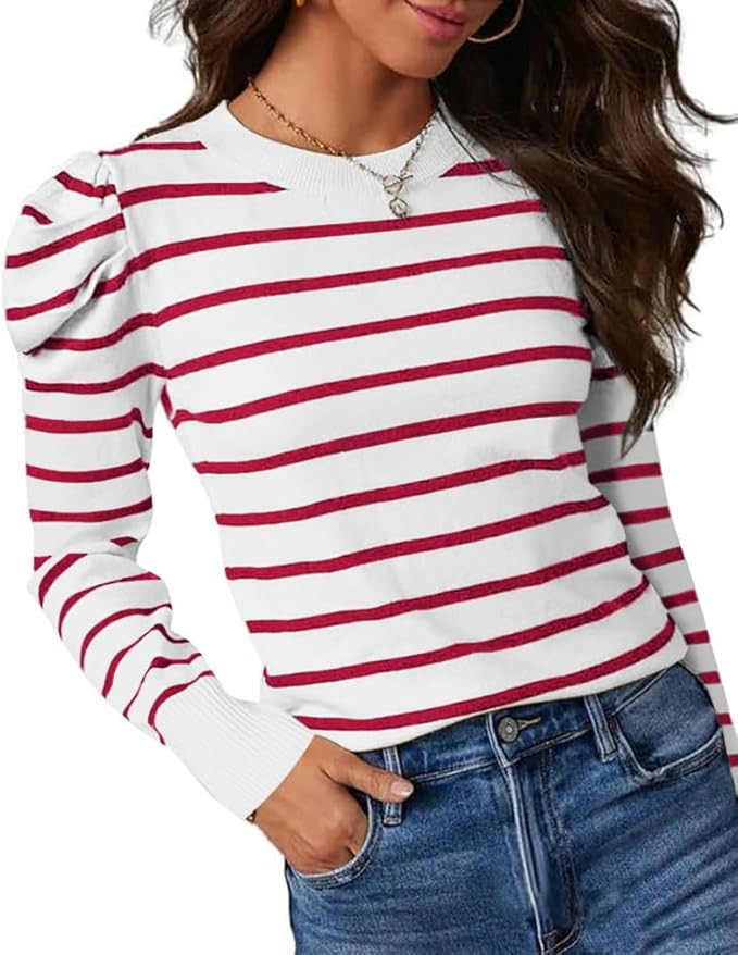UNCLECAT Women's Striped Sweater Trendy Lightweight Sweaters Puff Long Sleeve Tops Casual Knit Pu... | Amazon (US)
