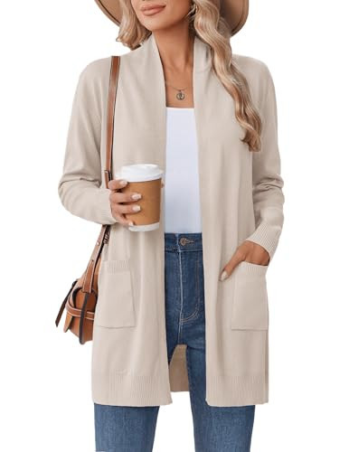 Zeagoo Womens Lightweight Cardigan Sweaters Fall Long Jacket Open Front Summer Sweater Cardigans Shrug Dressy Knit Blazer Fashion Beige | Amazon (US)