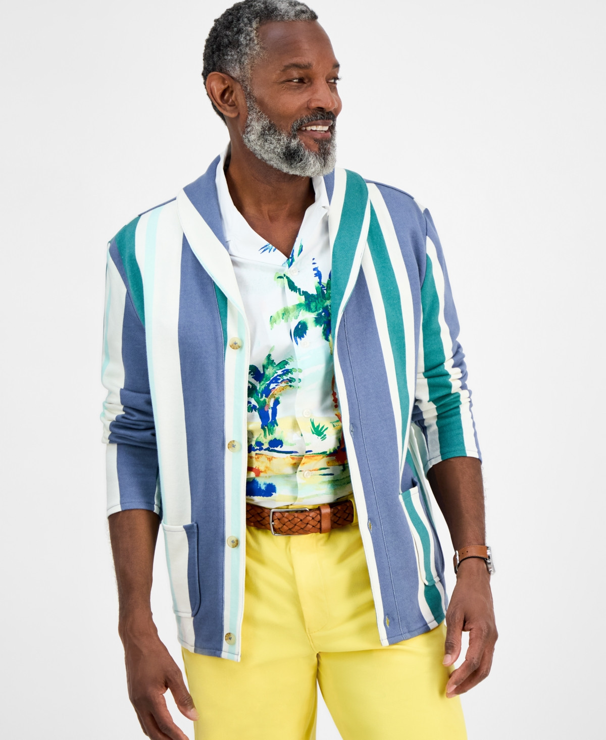 Club Room Men's Cotton Long-Sleeve Beach Stripe Cardigan, Exclusively at Macy's - White | Macy's
