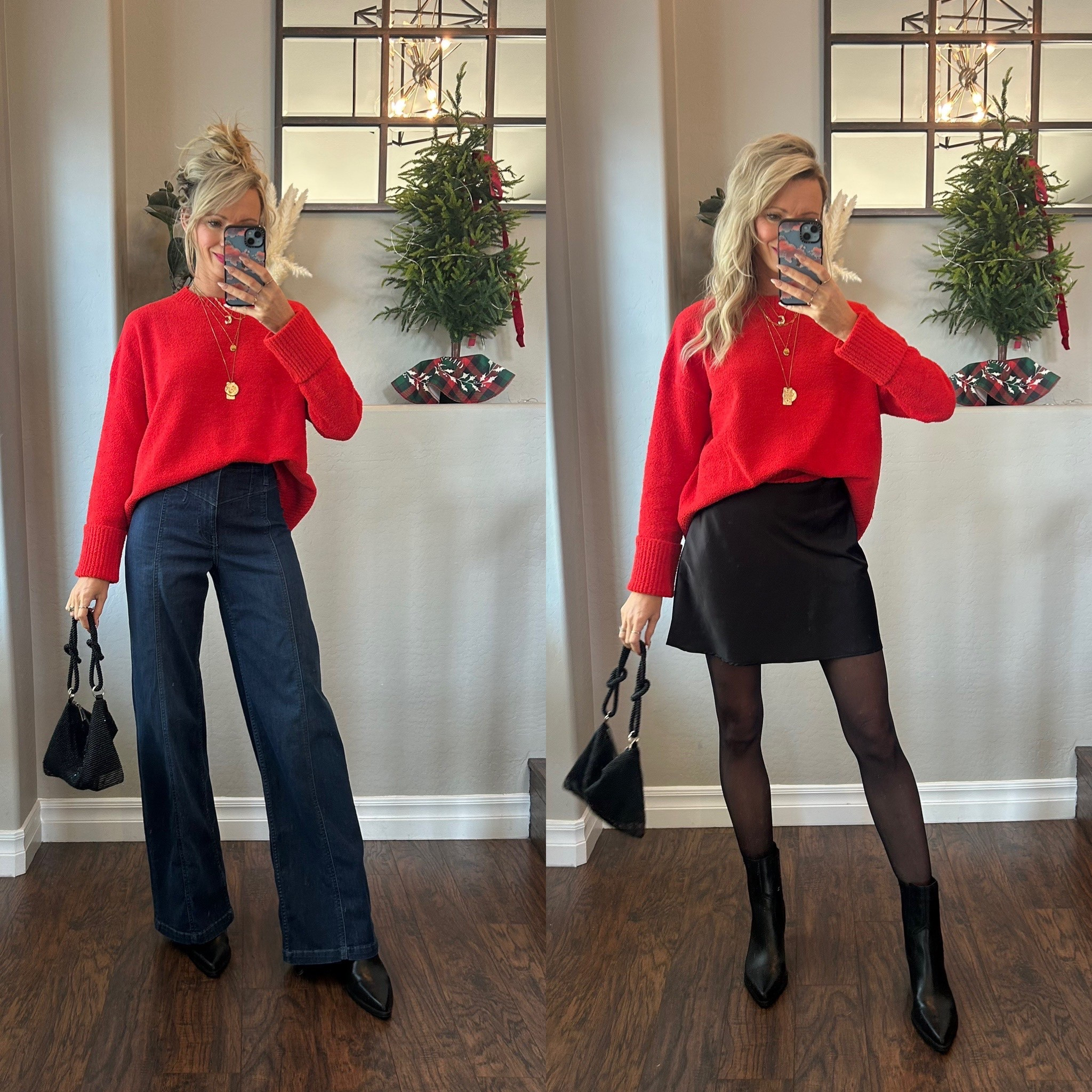 Which one? Jeans or the skirt? Easy and cute holiday outfit! Mostly Amazon! 

Jeans/ true to size 
Sweater- size small

#LTKFindsUnder100 #LTKHoliday #LTKFindsUnder50