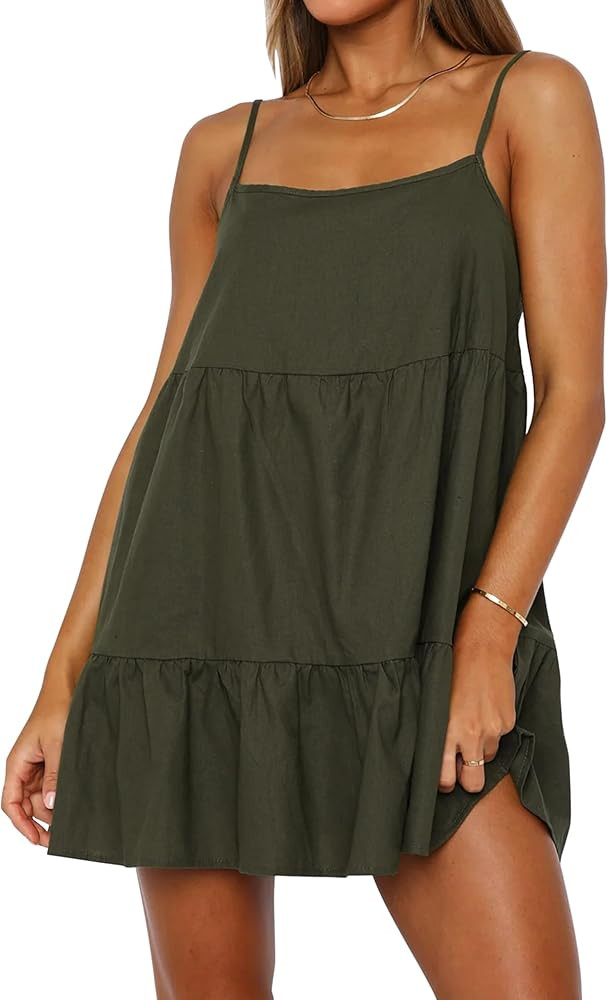 MISSACTIVER Women's Spaghetti Straps Ruffle Mini Dress Scoop Neck Sleeveless Babydoll Short Dress... | Amazon (US)