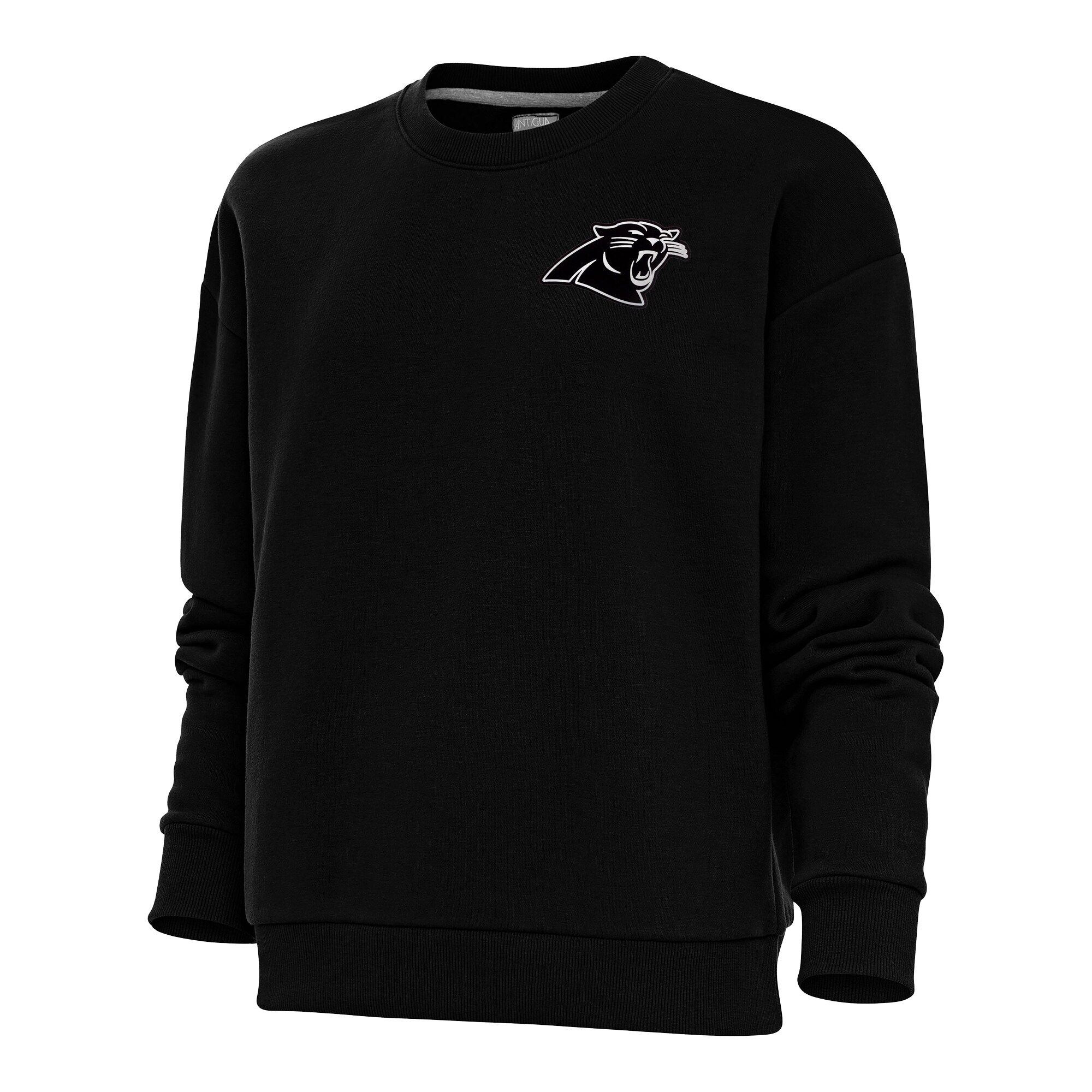 Carolina Panthers Antigua Women's Metallic Logo Victory Crewneck Pullover Sweatshirt - Black | Fanatics
