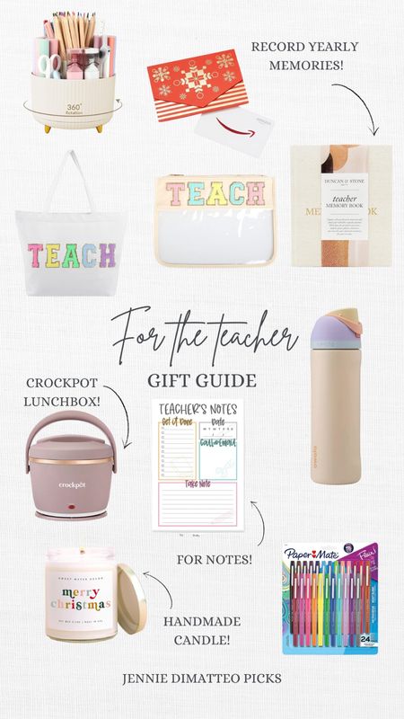 For the teacher, desk caddy, amazon gift card, memory book, teach tote bag, teach zippered pouch, crockpot lunchbox, notepad, stainless steel, water bottle, paper mate flair 