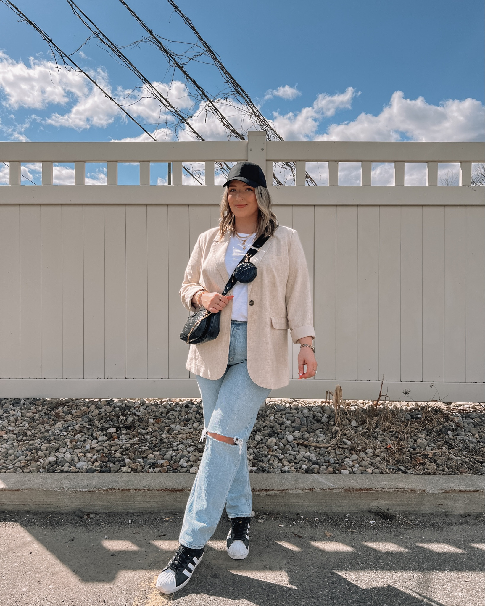 Casual midsize spring outfit - linen blazer, Abercrombie jeans, black and white adidas sneakers 

Simple outfits, wardrobe staples, everyday style


#LTKstyletip #LTKmidsize #LTKcanada