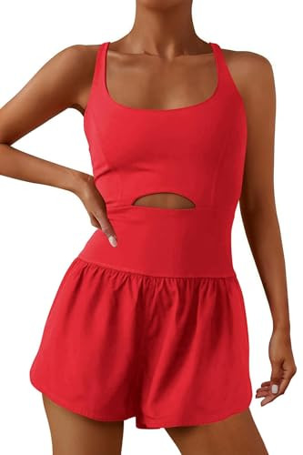 ReachMe Womens Running Onesie Workout Rompers Athletic Romper One Piece Outfits Exercise Jumpsuits Gym Yoga Clothes(Red,S) | Amazon (US)