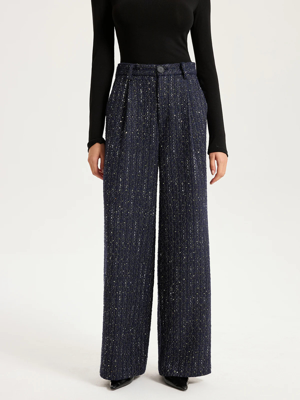 Mid-Waist Tweed Sequin Wide-Leg Pants | Commense