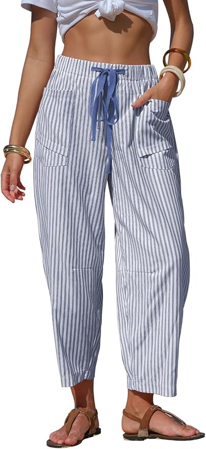 EXLURA Womens Faux Linen Striped Barrel Pants Comfy Drawstring Capri Pant with Pockets Summer Bea... | Amazon (US)