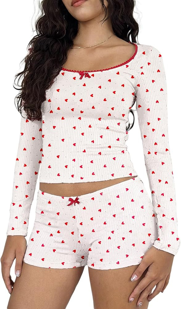 SOLILOQUY Women 2 Pieces Lounge Set Heart/Angel/Bow Print Long Sleeves Ribbed Crop Tops Y2K Pj Sh... | Amazon (US)