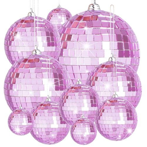 10 Pieces Disco Mirror Balls Silver Hanging Ball for 50s 60s 70s Disco DJ Light Effect Party Home Decoration Stage Props School Festivals Party Favors (Pink) | Amazon (US)