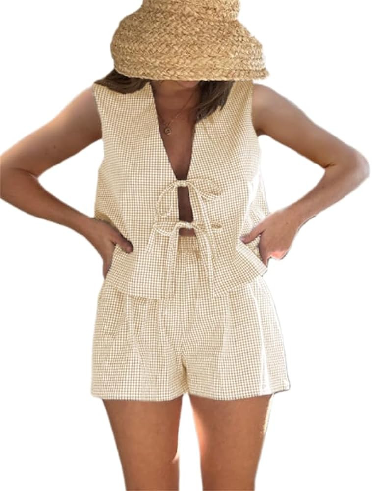 Women Casual Summer Lounge Set Y2k 2 Piece Outfits Set Sleeveless Tie Front Tank Top Vest Plaid S... | Amazon (US)