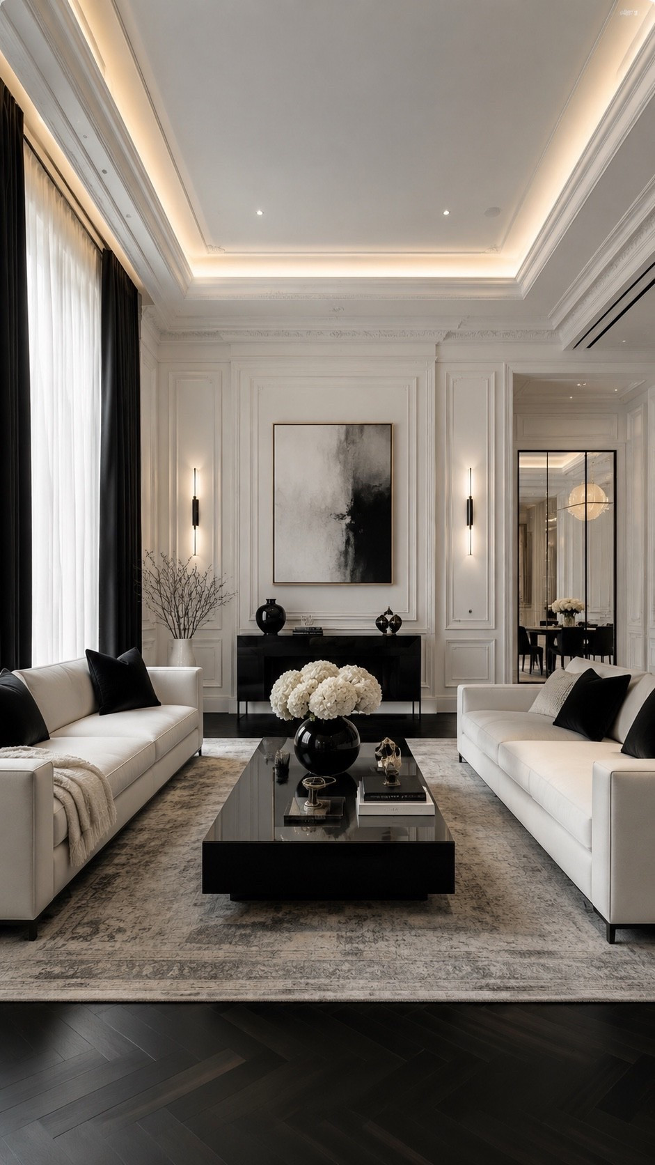 Shop This Room — link below. Recreate this elegant black-and-white living room with ivory sofas, a glossy black coffee table, layered neutral textures and timeless wall molding. Warm sconces, monochrome abstract art and a vintage-inspired rug create a polished designer space with a sophisticated Parisian quiet-luxury feel.

#LivingRoomInspo #LuxuryLivingRoom #ModernLivingRoom #LivingRoomDecor #BlackAndWhiteInterior #ParisianStyle #QuietLuxury #LuxuryInteriors #ModernClassic #NeutralLivingRoom #InteriorDesign #HomeDecor #LuxuryHome #ModernHome #LivingRoomIdeas #ElegantInteriors #DesignerHome #InteriorInspo #HomeInspiration #LTKHome #LTKFinds #HomeFinds #LuxuryDecor #NeutralHome
