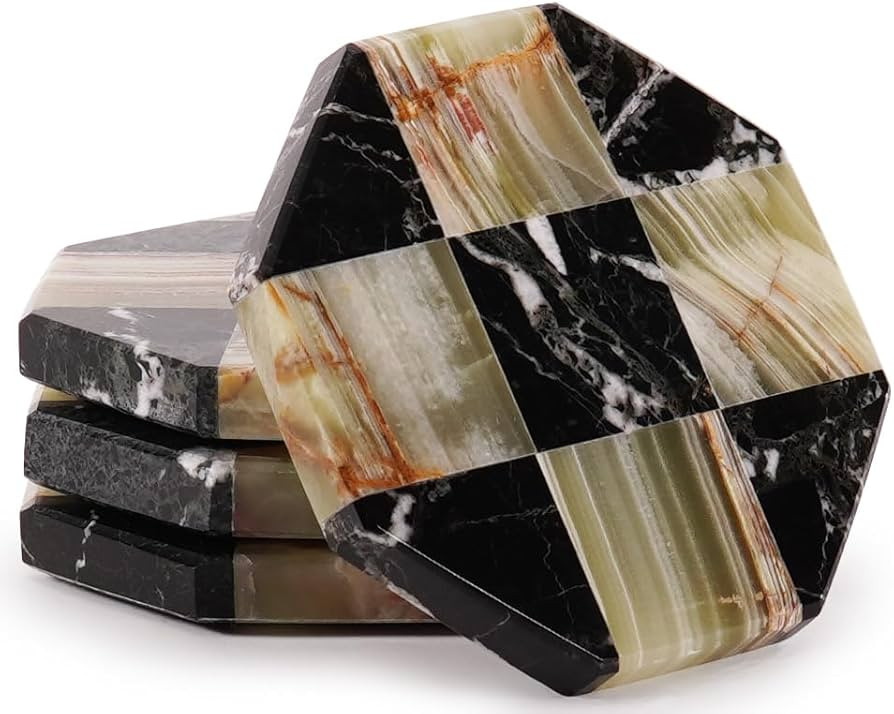 Marble Coasters Set of 4, Zebra Black & Green Handmade 4 inch Star Natural Marble Coaster, Elegan... | Amazon (US)