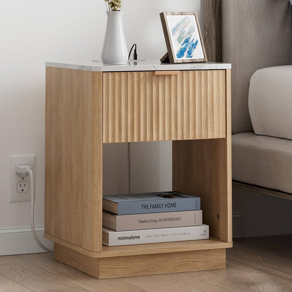 Fluted Nightstand with Charging Station, 18" Side Table with Faux Stone Color Top, Mid Century Mo... | Amazon (US)