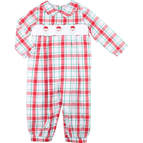 Green And Red Plaid Smocked Santa Long Romper | Cecil and Lou