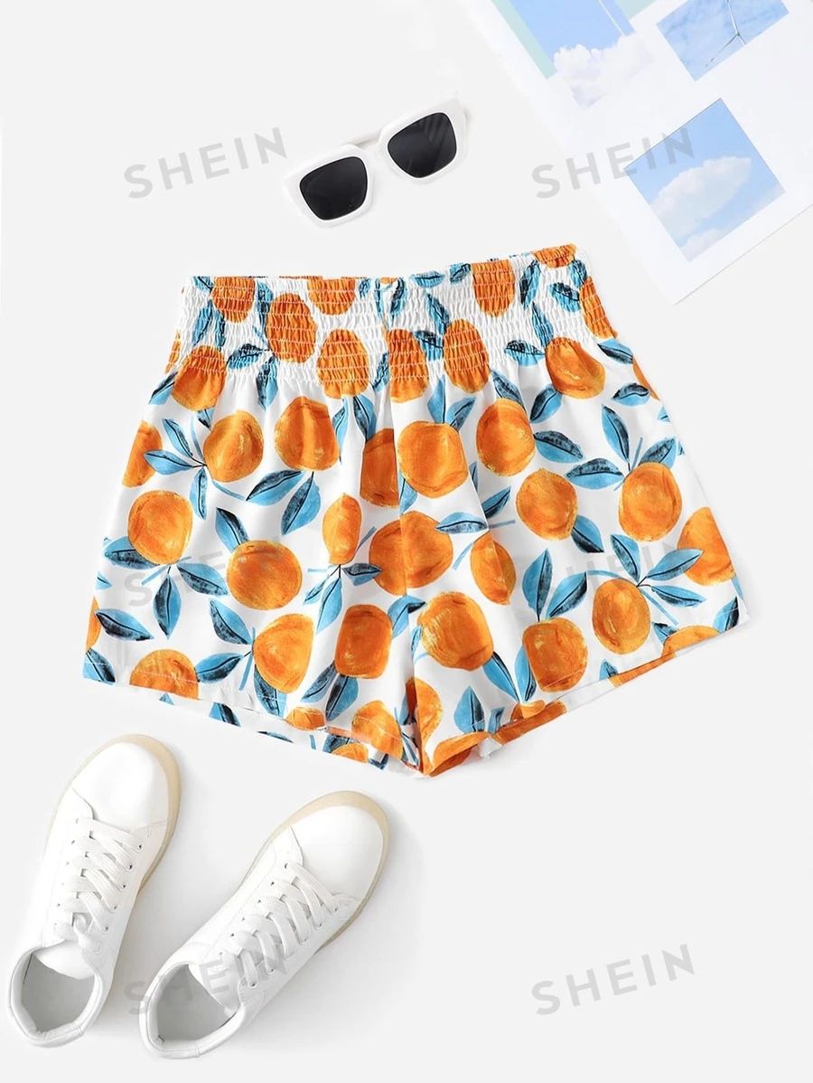 SHEIN WYWH Elastic Waist Shirred Allover Orange Print Shorts | SHEIN