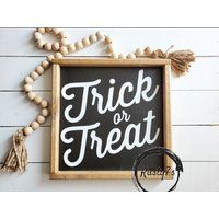 Trick Or Treat Sign | Halloween Decor Fall Framed Fall Farmhouse Sign Wood Modern | Etsy (US)