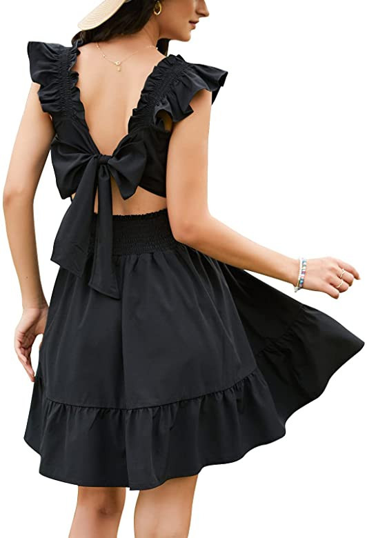 EXLURA Women's Square Neck Tie Back Ruffle Strappy Ruched Short Mini Dress Smocked Backless Tank ... | Amazon (US)