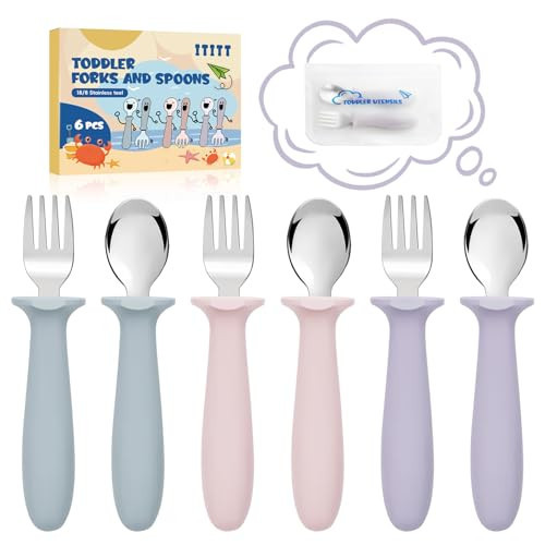 6 PCS Toddler Utensils Kids Silverware Set with Silicone Handle Children Food Grade 18/8 Stainless Steel Toddler Forks and Spoons Safe Anti-Choke Design Mirror Polished Sturdy Durable Dishwasher Safe | Amazon (US)