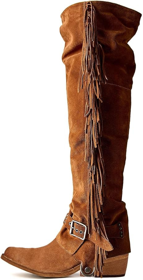 Yolkomo Over The Knee Cowboy Boots for Women with Fringe Buckle Belts Chunky Heel | Amazon (US)