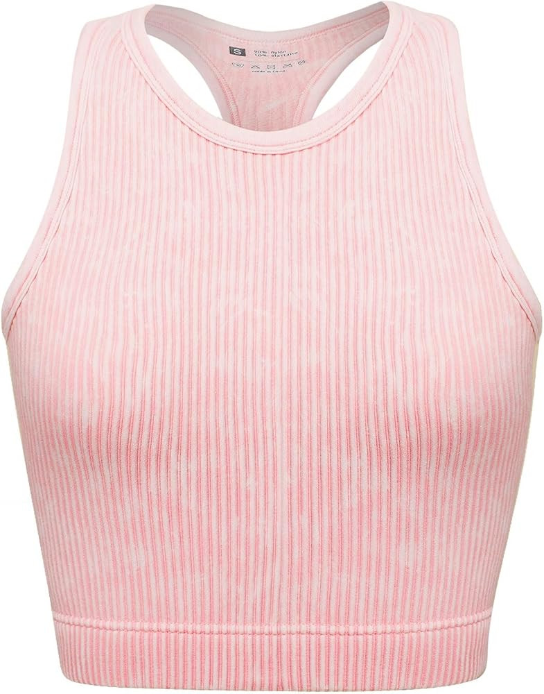 Women's Seamless Ribbed Workout Crop Tank Top,Slim Fit Short Scoop Neck Racerback Tank Tops,Sport... | Amazon (US)