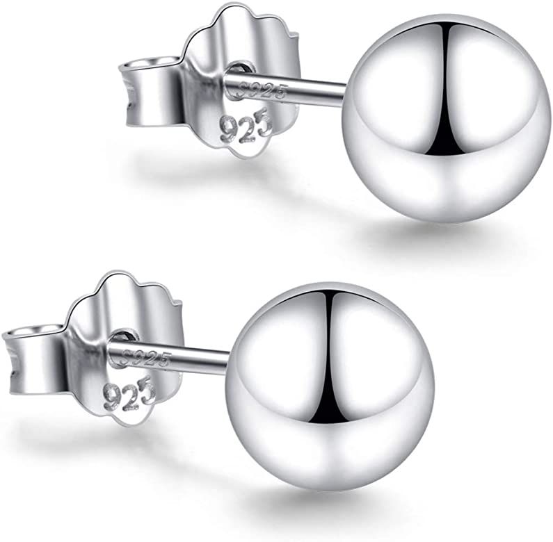 18K White Gold Plated Sterling Silver Ball Stud Earrings 3mm-10mm Options, Simple Polished Ball S... | Amazon (US)