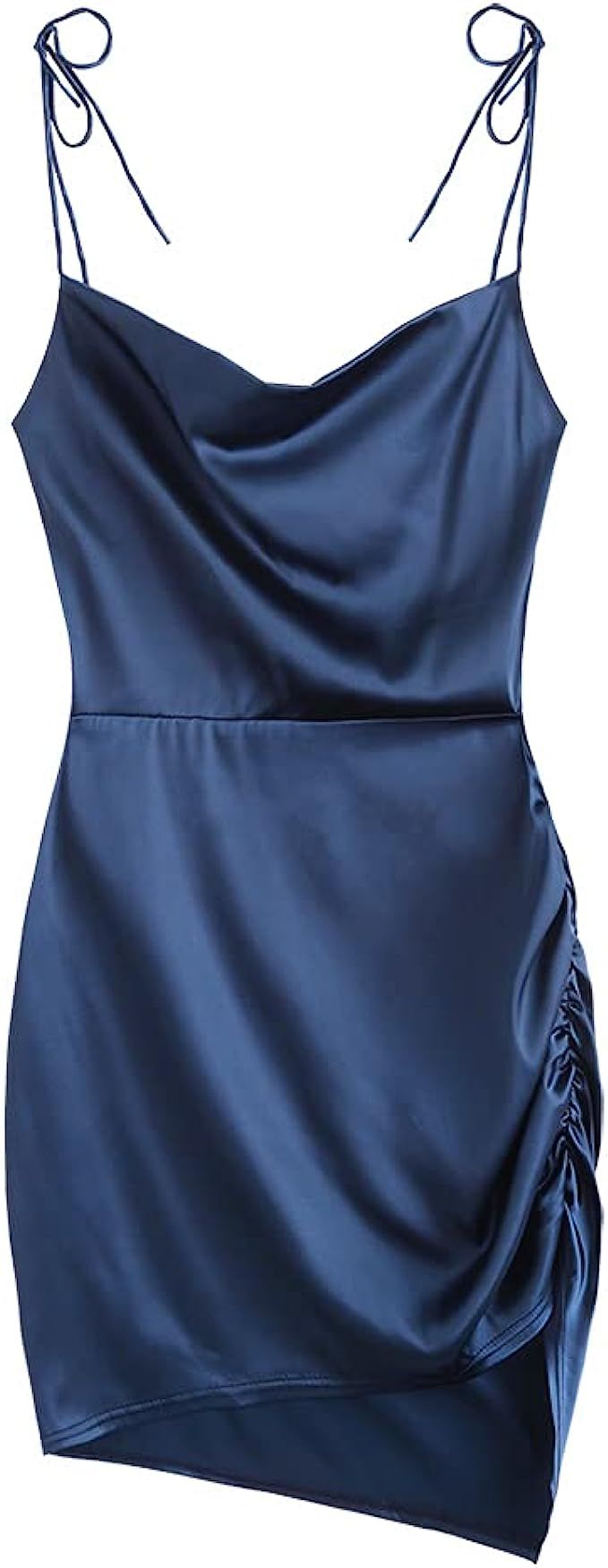ZAFUL Women's Draped Satin Asymmetrical Cinched Split Slip Mini Cami Dress (E-Deep Blue, M) | Amazon (US)