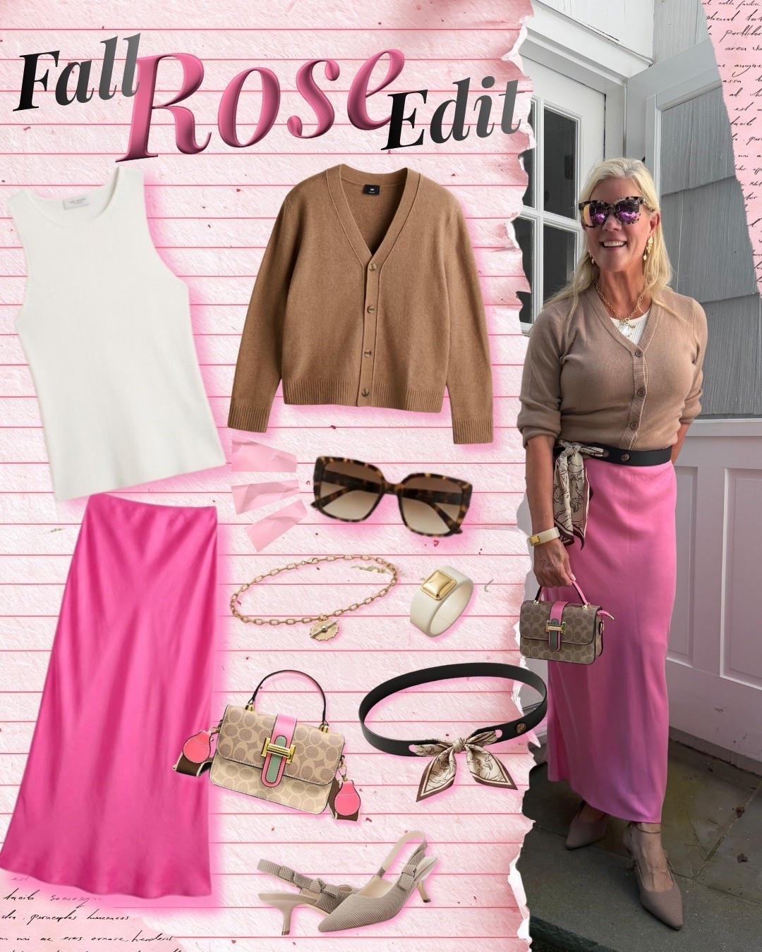 Pink and camel might just be fall's prettiest pairing 🌸 A cozy camel cardigan layered over a white tank, tied together with a printed scarf belt, then finished with a pink satin skirt, a Coach crossbody, and slingback heels for a soft, feminine finish. Pink skirt outfit, camel cardigan outfit, fall color palette, scarf belt style, satin skirt outfit, coach bag outfit, over 40 fashion, over 50 style, feminine fall style 🍂 Shop my look below — similar items linked!

#LTKgrwm #LTKootd #LTKOver40