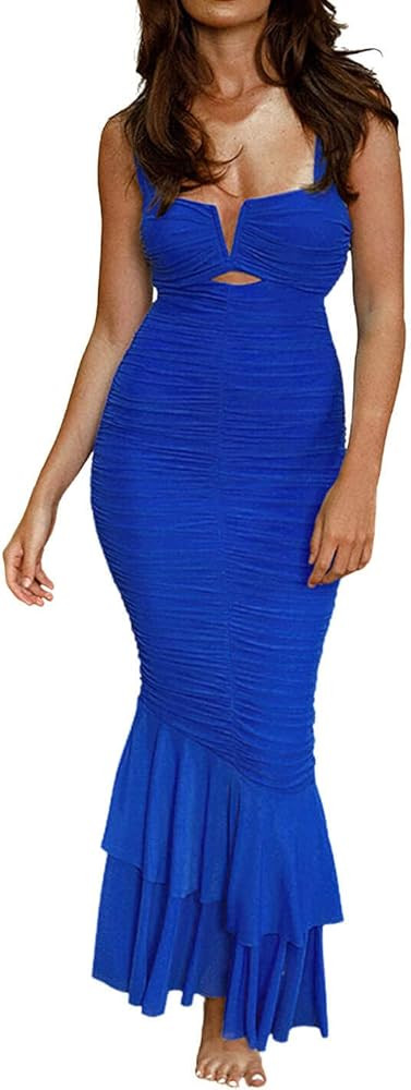 CHARTOU Women's Sleeveless Strappy Prom Party Evening Ruched Bodycon Mermaid Fishtail Maxi Dress | Amazon (US)