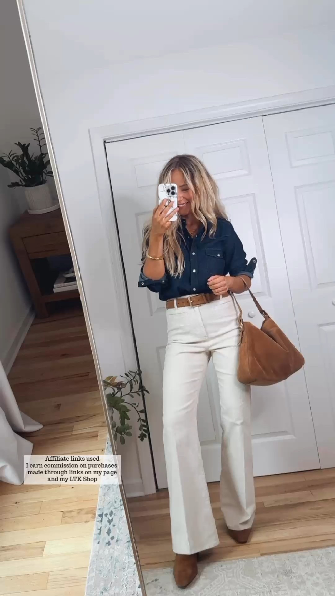 Fall transition outfit

Dark denim shirt
Corduroy pants flare legs
Light brown accessories 