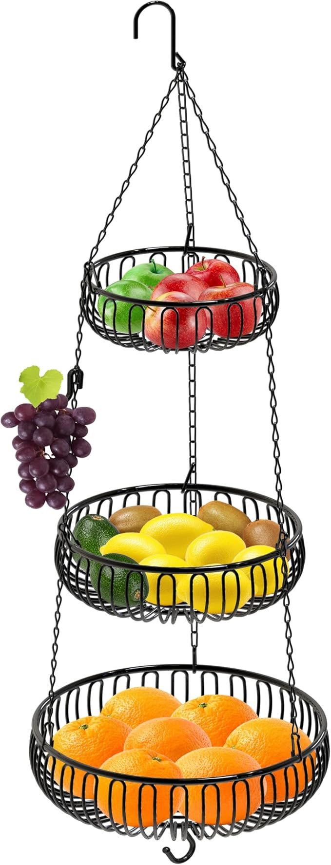 Simple Houseware Adjustable Metal Hanging Fruit Basket, Oblate, Black, 11" W x 11" L x 30" H | Amazon (US)