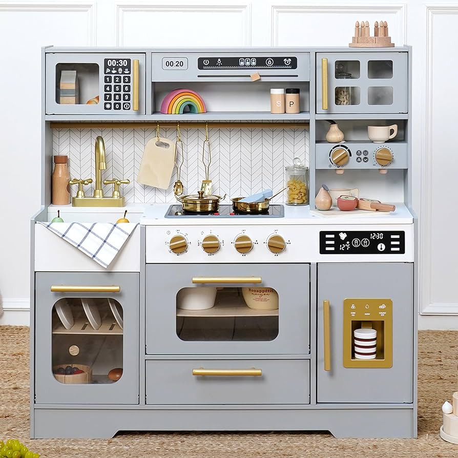 Wooden Play Kitchen for Kids – Pretend Play Kitchen Set with Realistic Stove, Sink, Coffee Make... | Amazon (US)