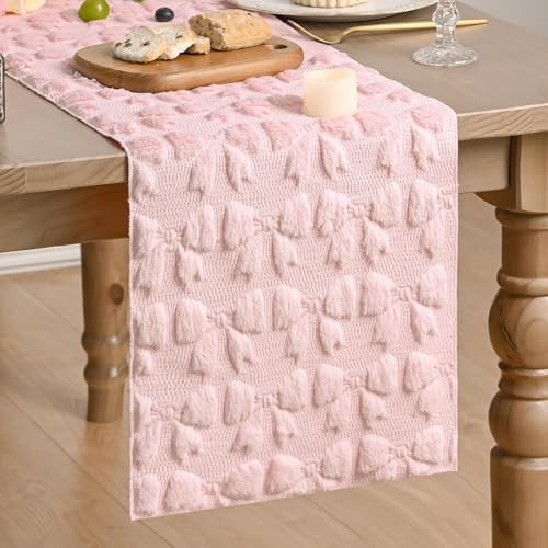 Artoid Mode Pink Soft Plush Faux Fur Jacquard Bows Table Runner, Valentine's Kitchen Dining Table... | Amazon (US)