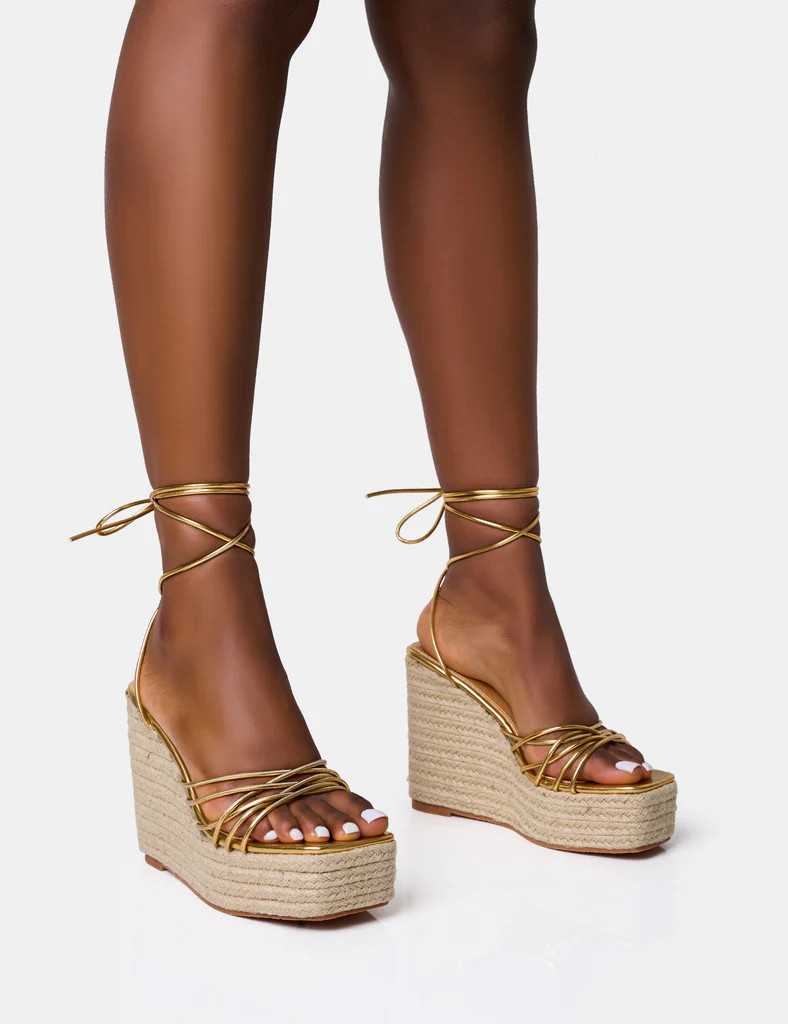 Heated Gold Strappy Lace Up Jute Wedges | Public Desire