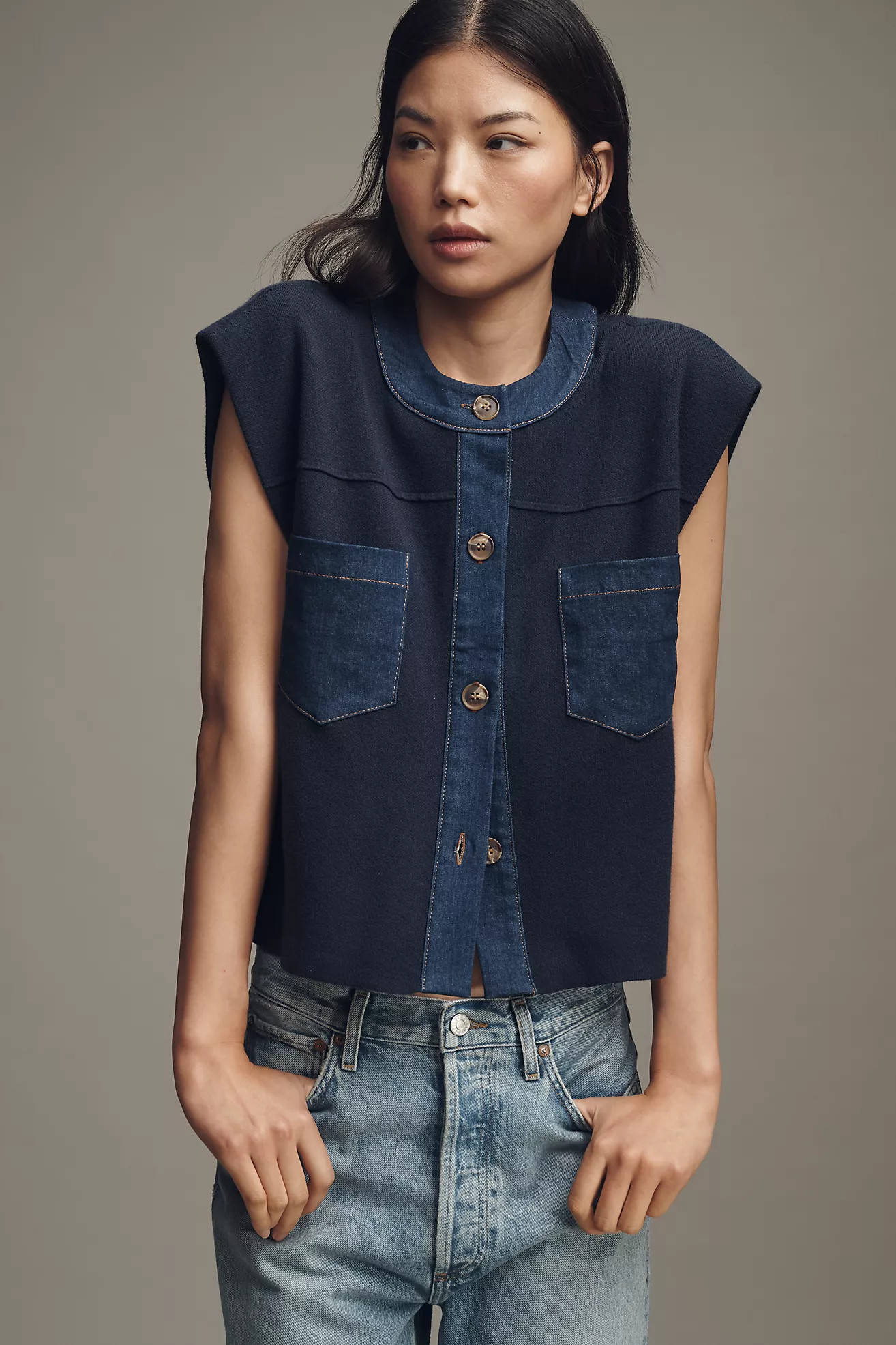 Pilcro Denim Crewneck Cardigan Sweater Vest | Anthropologie (US)