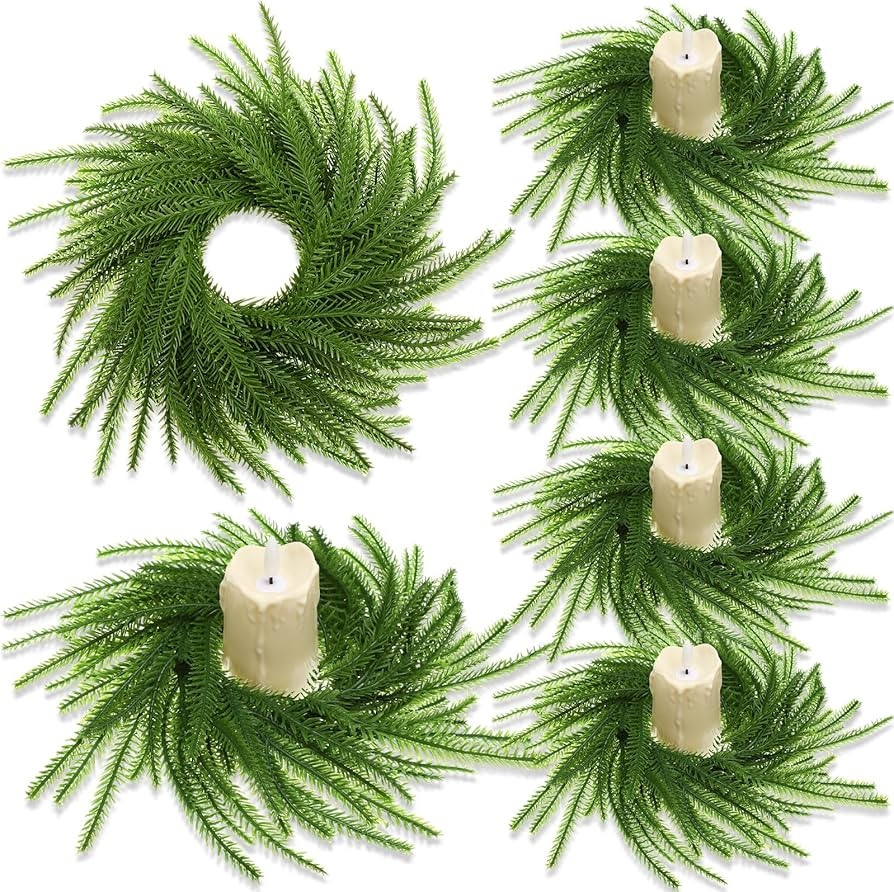 4 Pcs Christmas Norfolk Pine Wreath Candle Rings Wreath 9.8 Inch Artificial Pillars Wedding Candl... | Amazon (US)