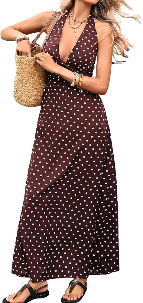 ChiaoLezhee Women Sexy Deep V Backless Halter Polka Dot Maxi Dress Summer | Amazon (US)