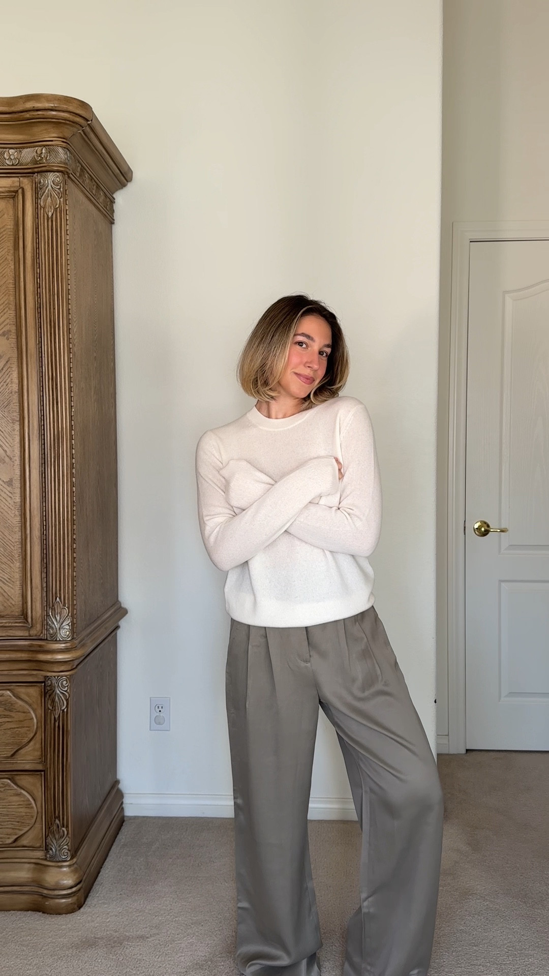 Winter outfit, winter style, cashmere sweater, cream sweater, ivory sweater, top coat, long coat, winter coat, sherpa jacket, sherpa coat, olive pant, green pant, satin pant, wide leg pant, ivory flats, pointed toe flat

#LTKWatchNow #LTKStyleTip #LTKSeasonal