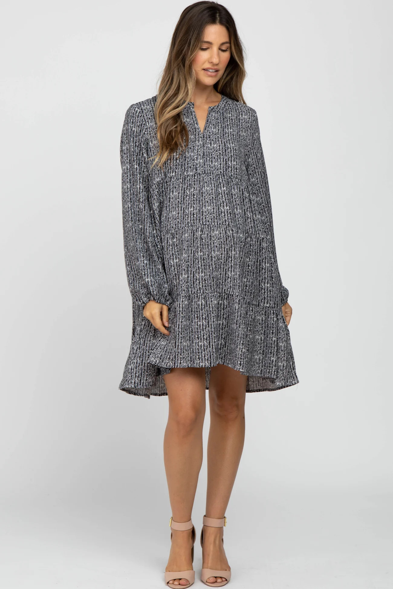 Charcoal Printed Tiered Maternity Dress | PinkBlush Maternity