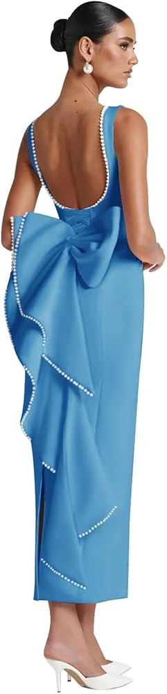 Maxianever Satin Wedding Dresses for Women 2025 Midi Pearl Prom Cocktail Gown with Bow | Amazon (US)