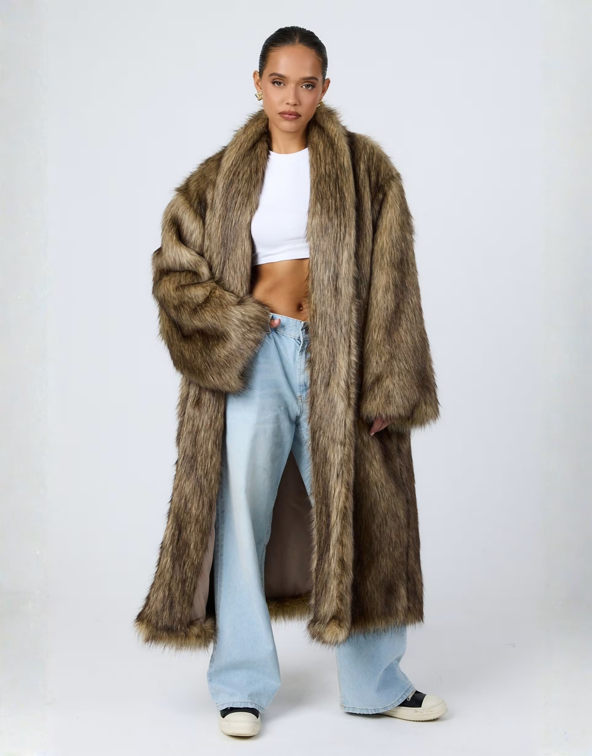 Aria Cove faux fur collarless oversized longline coat in brown tipped fur | ASOS (Global)