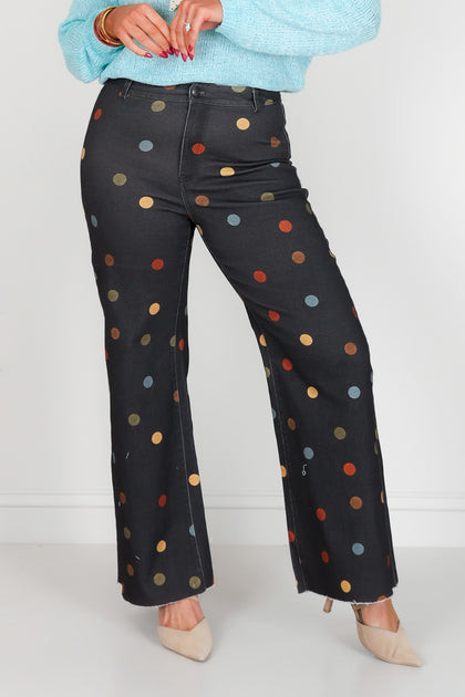 Kendall Charcoal Multi Polka Dot Wide Leg Jean | The Willow Tree