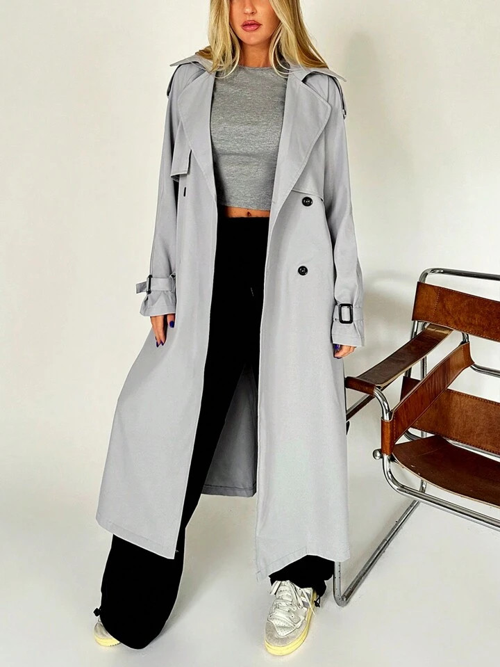 SHEIN EZwear Lapel Neck Raglan Sleeve Belted Trench Coat | SHEIN