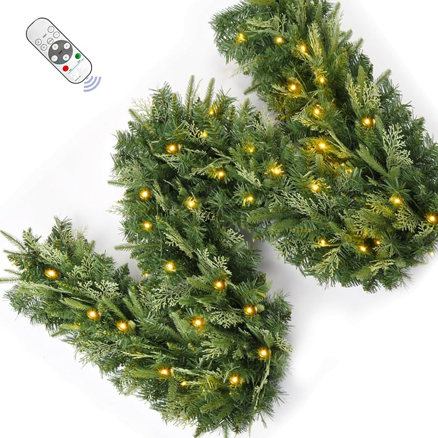 Christmas Garland with Dual Color 50 LED Lights 9 Ft, Prelit Xmas Garland with Cypress Leaf, Time... | Amazon (US)